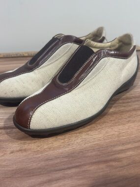 Tod’s Driving Loafers 36.5 Cream Canvas Brown Leather Italy